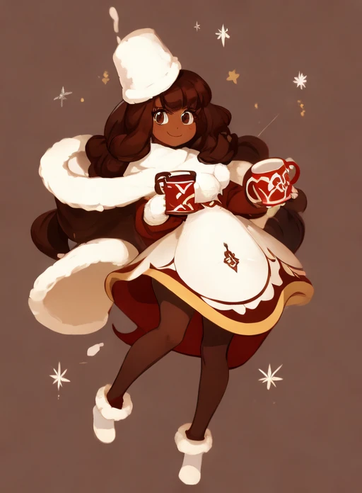 <lora:cocoacookie_v1.1:0.9> cocoacookie, holding mug of cocoa, smiling, solo, fullbody, scene, detailed background, best quality, masterpiece, high resolution, dark skin