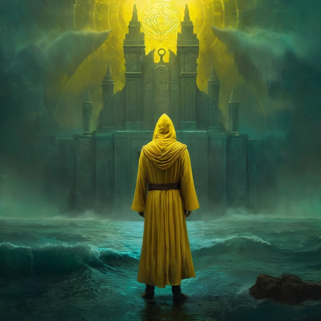 Dark Fantasy Art of <lora:carcosa city:1.5>
In an ancient and mysterious city a painting of a man in a yellow robe standing in the ocean carcosa city style, dark, moody, dark fantasy style