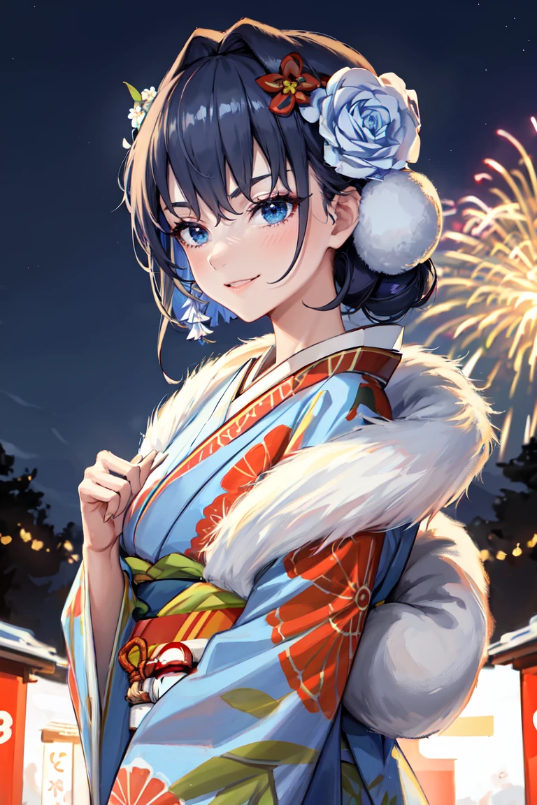 masterpiece, best quality, absurdres, 1girl, solo, KroniiNewYears, hair flower, hair bun, blue kimono, floral print, sash, fur scarf, outdoors, night, festival, fireworks, shrine, smile, <lora:CHAR-OuroKroniiV2:1>