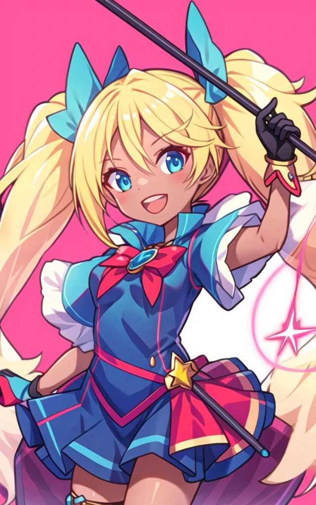 <lora:add_detail:0.5>,<lora:Kirara-mul-000008:0.8>,cowboy shot,1girl,solo,blonde hair,dark skin,dark-skinned female,twintails,open mouth,blue eyes,smile,looking at viewer,magical girl,wand,gloves,