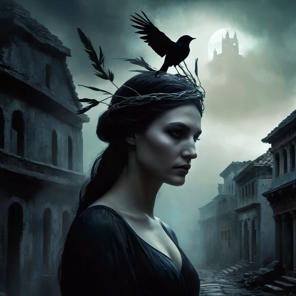Dark Moody Atmosphere, <lora:carcosa city:1.5>
In an ancient and mysterious city a painting of a hybrid creature woman with a bird face on her head carcosa city style, dramatic, mysterious, dark moody atmosphere