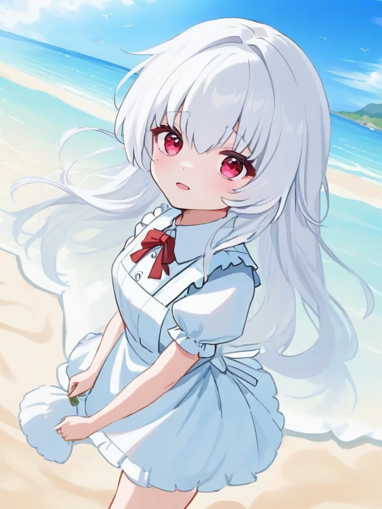 <lora:xl_kelala girl-000011:1>,kelala girl,white hair,Red eyes,Flowtress\(hairstyle)\,beach,maid,