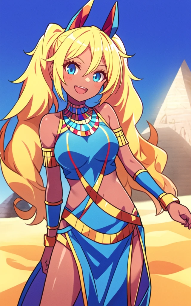 <lora:add_detail:0.5>,<lora:Kirara-mul-000008:0.8>,cowboy shot,1girl,solo,blonde hair,dark skin,dark-skinned female,twintails,open mouth,blue eyes,smile,looking at viewer,(egyptian:1.2),(egyptian clothes:1.2),desert,pillars,