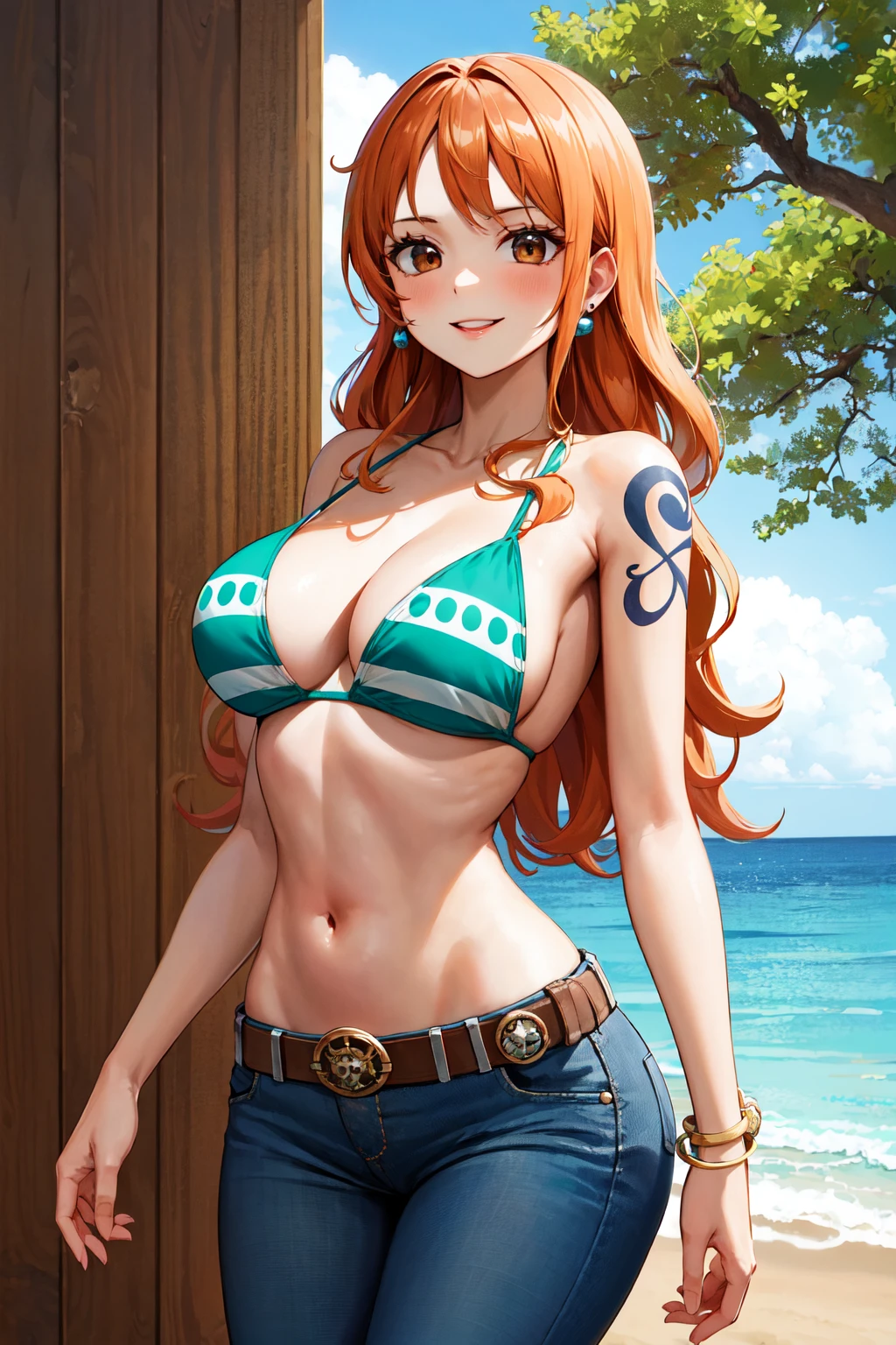 masterpiece, best quality, highres, nami (one piece), long hair, orange hair, brown eyes, earrings, bare shoulders, shoulder tattoo, cleavage, bikini top only, striped bikini, green bikini, bracelet, midriff, belt, jeans, denim, <lora:nami_(one_piece)_v1:0.8>, standing, cowboy shot, outdoors, smile,