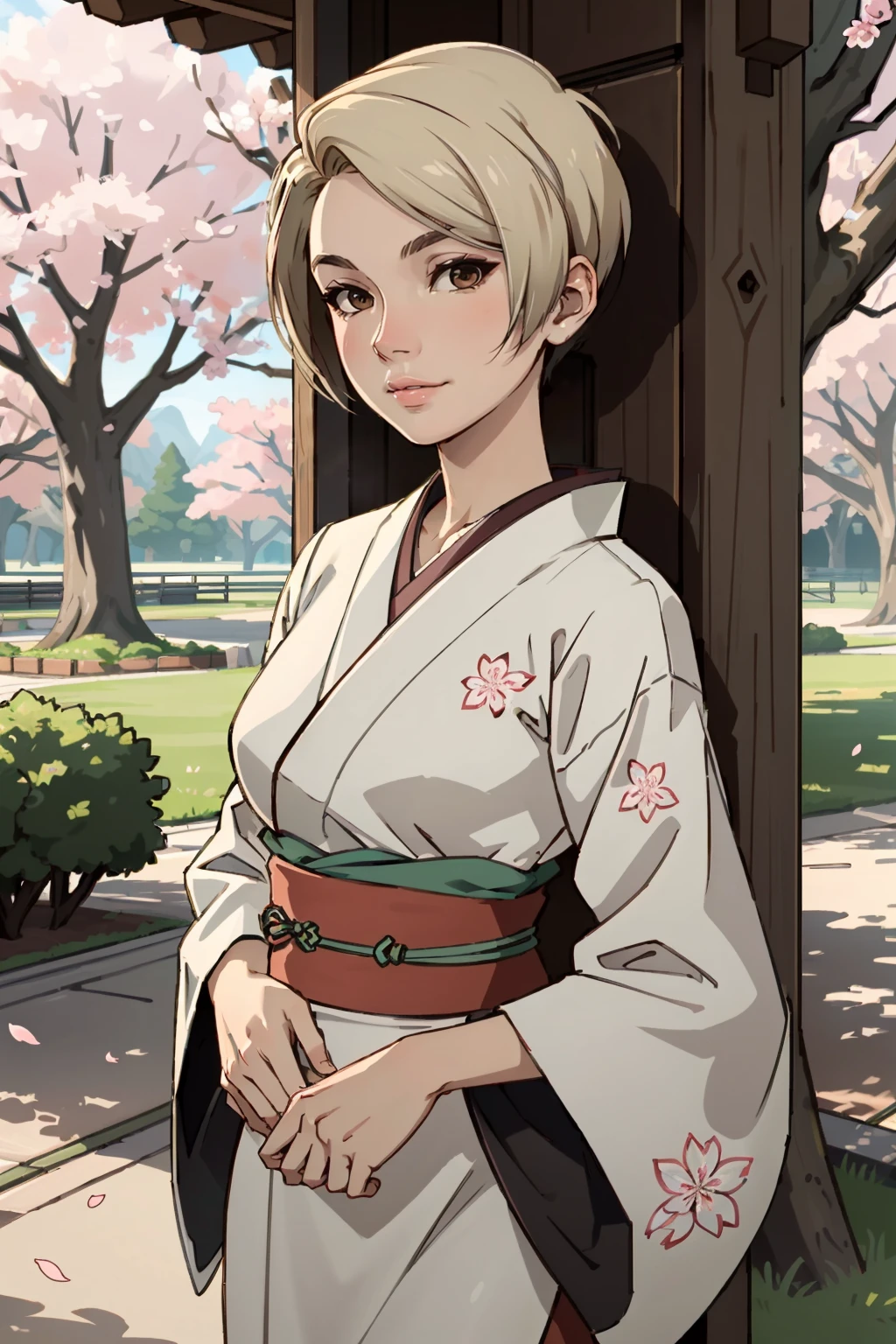 ((ultra detailed, masterpiece, best quality))
<lora:MEACora:0.8>
MEACora, 1girl, solo, short hair, blonde hair, brown eyes, in a traditional kimono, surrounded by cherry blossoms, one hand on the thigh