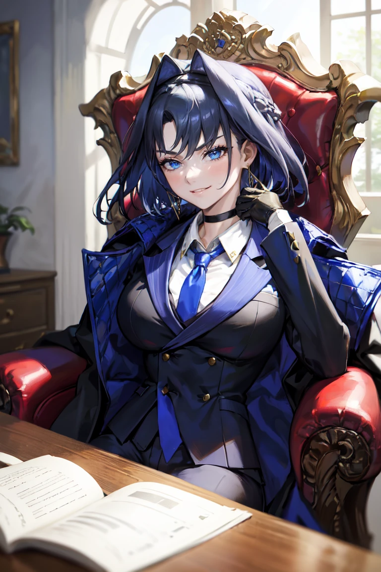 masterpiece, best quality, absurdres, 1girl, solo, KroniiMafia, short hair, hair intakes, collared shirt, necktie, formal, suit, gloves, pants, choker, sitting, smirk, on throne, indoors, <lora:CHAR-OuroKroniiV2:1>