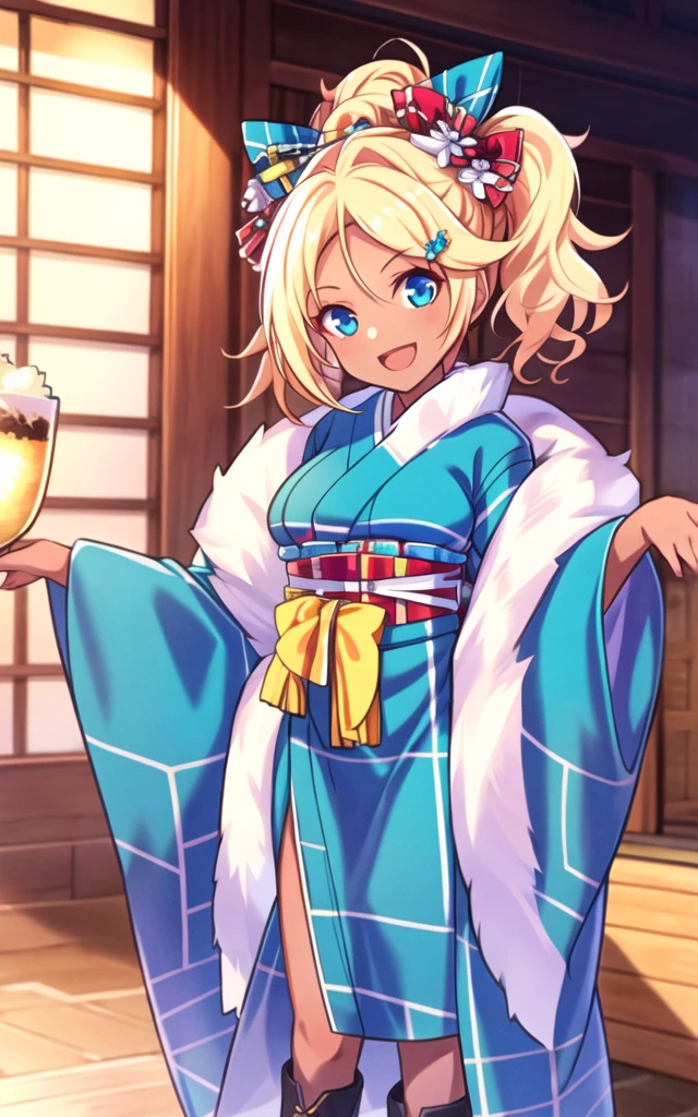 <lora:add_detail:0.5>,<lora:Kirara-mul-000008:0.8>,cowboy shot,Kirara_kimono,1girl,blonde hair,solo,japanese clothes,dark-skinned female,open mouth,dark skin,blue eyes,hair ornament,smile,boots,side ponytail,looking at viewer,standing,blue kimono,wide sleeves,indoors,