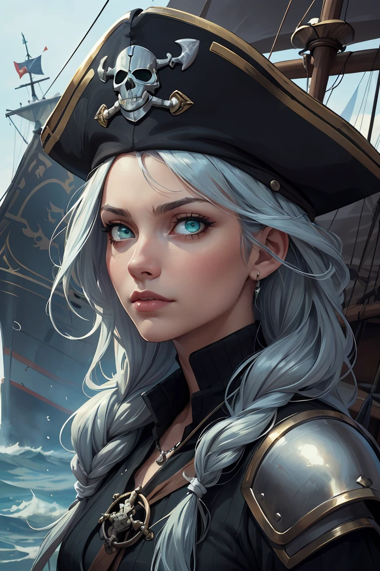masterpiece, absurdres, best quality, intricate details, (shiny skin, shiny body, shiny oily luster skin, shiny hair, pale skintone), pirate ship, Sundown, 1girl, White hair, Braid, eye patch, shoulder tattoo, Black blouse without sleeves, earrings, gloves, Black pants, pirate hat, Parrot on the shoulder, Don't look at the view, Not looking at the view