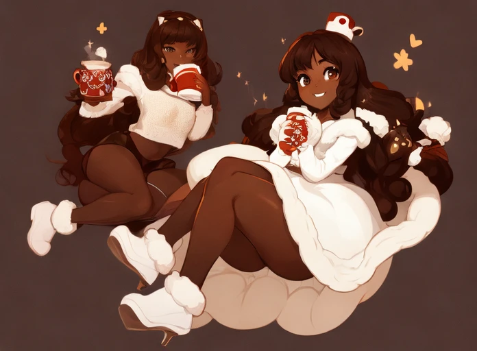 <lora:cocoacookie_v1.1:0.9> cocoacookie, holding mug of cocoa, smiling, solo, fullbody, scene, detailed background, best quality, masterpiece, high resolution, dark skin