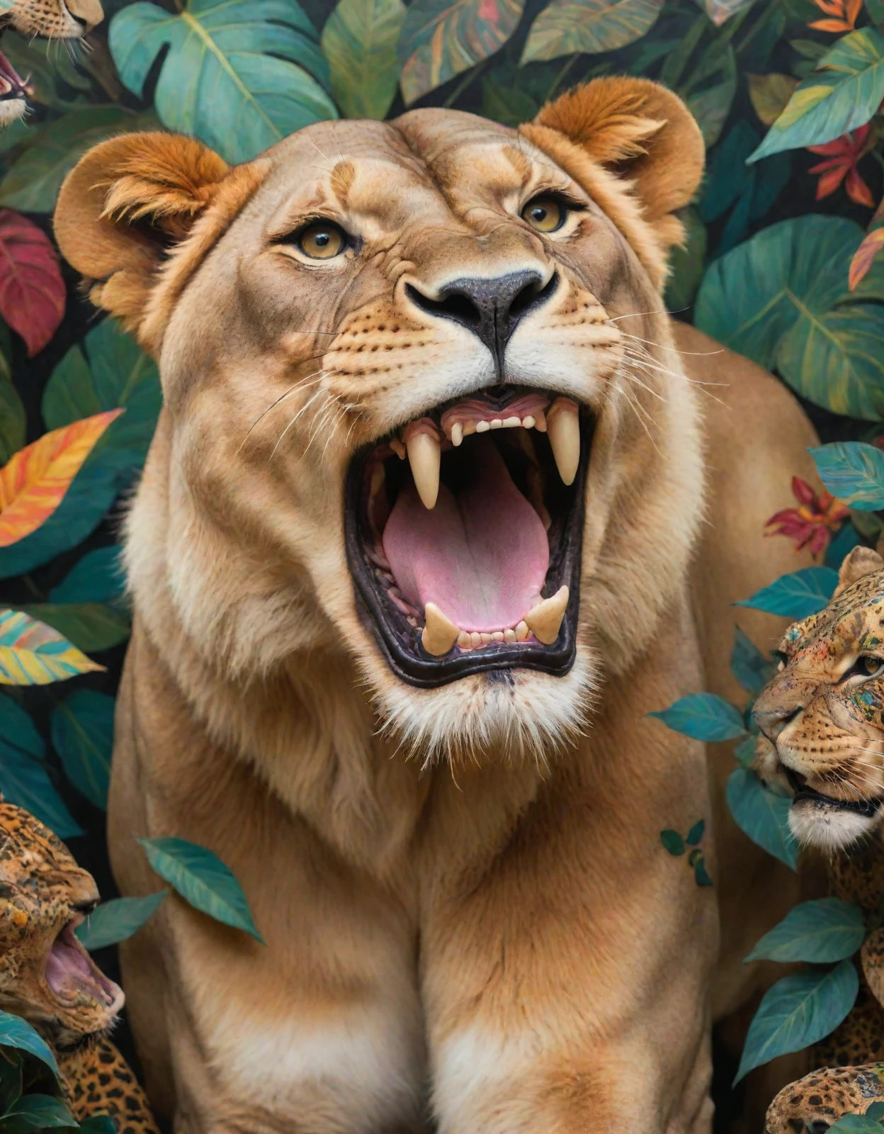 portrait of maximalist detailed lioness roaring in the abstract patterned jungle
