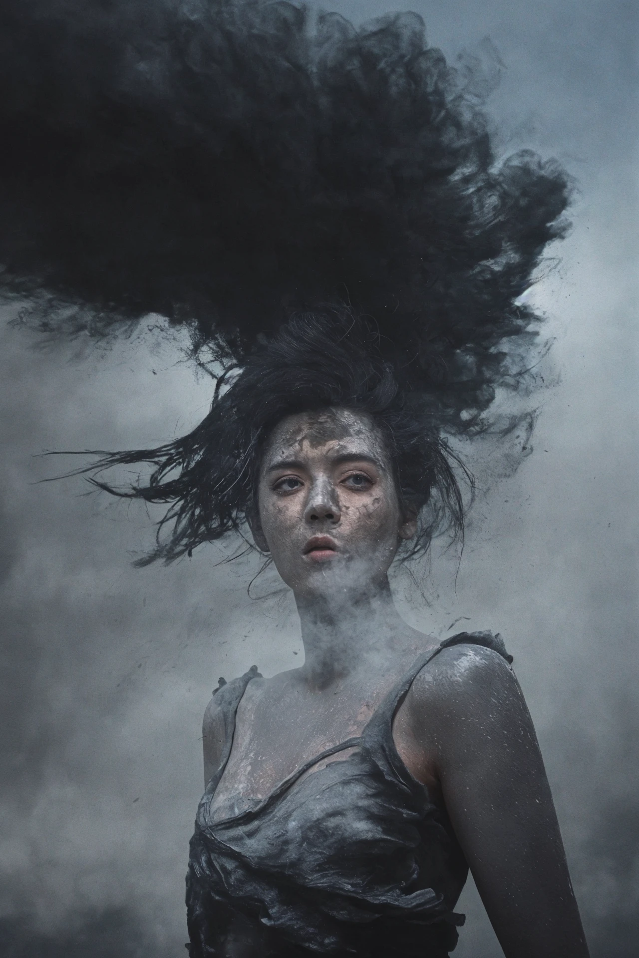 a Photorealistic dramatic hyper realistic photo of a glamorous Mexican ghost smoke Brower and Deborah Ory,Lois Greenfield,Beautiful dynamic dramatic dark moody lighting,volumetric,shadows,cinematic atmosphere,Octane photo,8K masterpiece,engulfed by black powder explosion,sharp focus,hyperrealistic,photographabst,3D Matte,bold shapes,hard edges,street,Engulfed,by diegocr,DonMn1ghtm4reXL,Roger Deakins Style,<lora:Storm_v1.0:0.9>,<lora:SDXLrender_v2.0:0.6>,