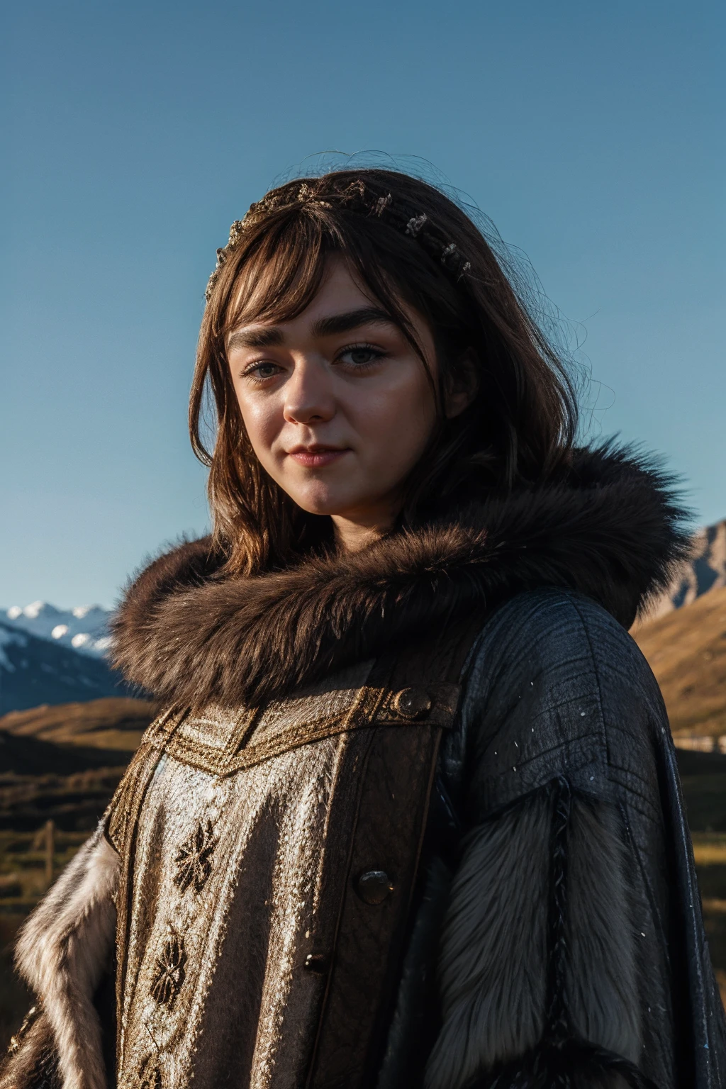 maisiewilliams,a woman wearing medieval fur clothes, wolf fur, snow,( volcanic landscape:0.7), (silhouette lighting:0.5) <lora:maisiewilliams:1>