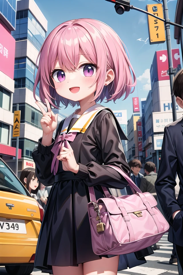 (cleavage:-1.5),insanely detailed, absurdres, ultra-highres, ultra-detailed, best quality,
1girl, solo, nice hands, perfect hands,
BREAK
(wearing winter school uniform),
happy smile, laugh, open mouth,
BREAK
standing, 45 angle,
cute pose, cowboy shot,
BREAK
slender, kawaii, perfect symmetrical face, ultra cute girl, ultra cute face, ultra detailed eyes, ultra detailed hair, ultra cute, ultra beautiful,
BREAK
in harajuku, shibuya, tokyo, street, crowd, cityscape,
BREAK
small breasts
(pink medium hair, pink eyes), hime cut