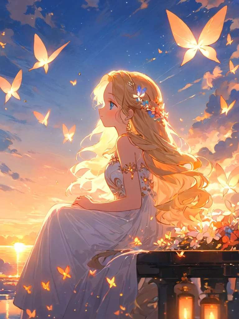 <lora:shenmingshaonv_xl:1>,(\shen ming shao nv\),glowing butterfly,1girl, solo, long hair, sitting, blue eyes, blonde hair, white dress, flower, sky, profile, sunset, cloud, from side, blush, outdoors, closed mouth, evening, jewelry