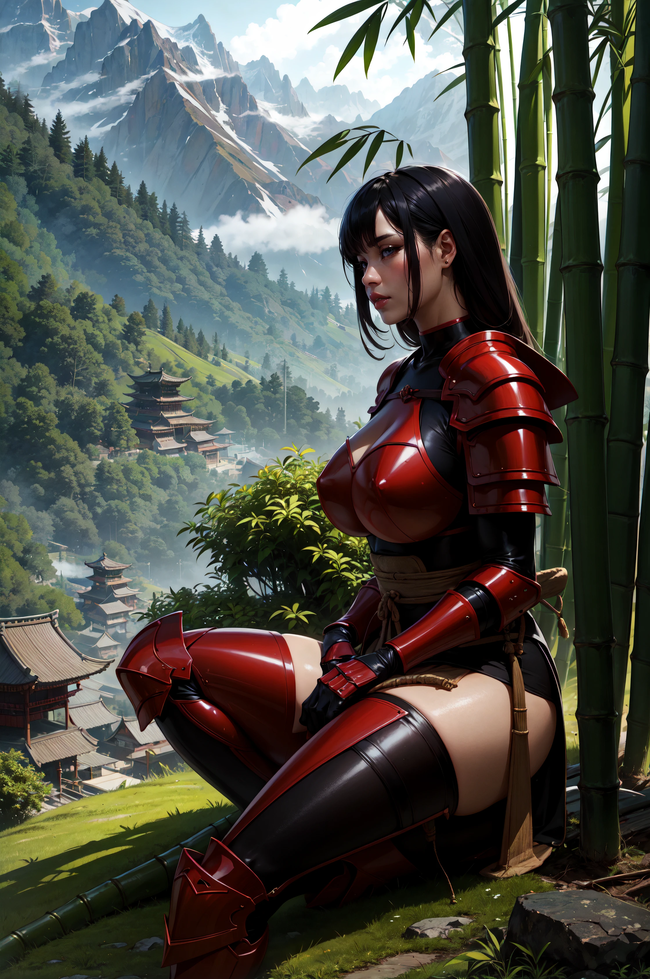 1girl, fullbody, sitting, slim, (bamboo trees), kabuto, red samurai armor, misty air, strong sunlight, mossy path, mountain village, huge weapon, mountain top scenery,