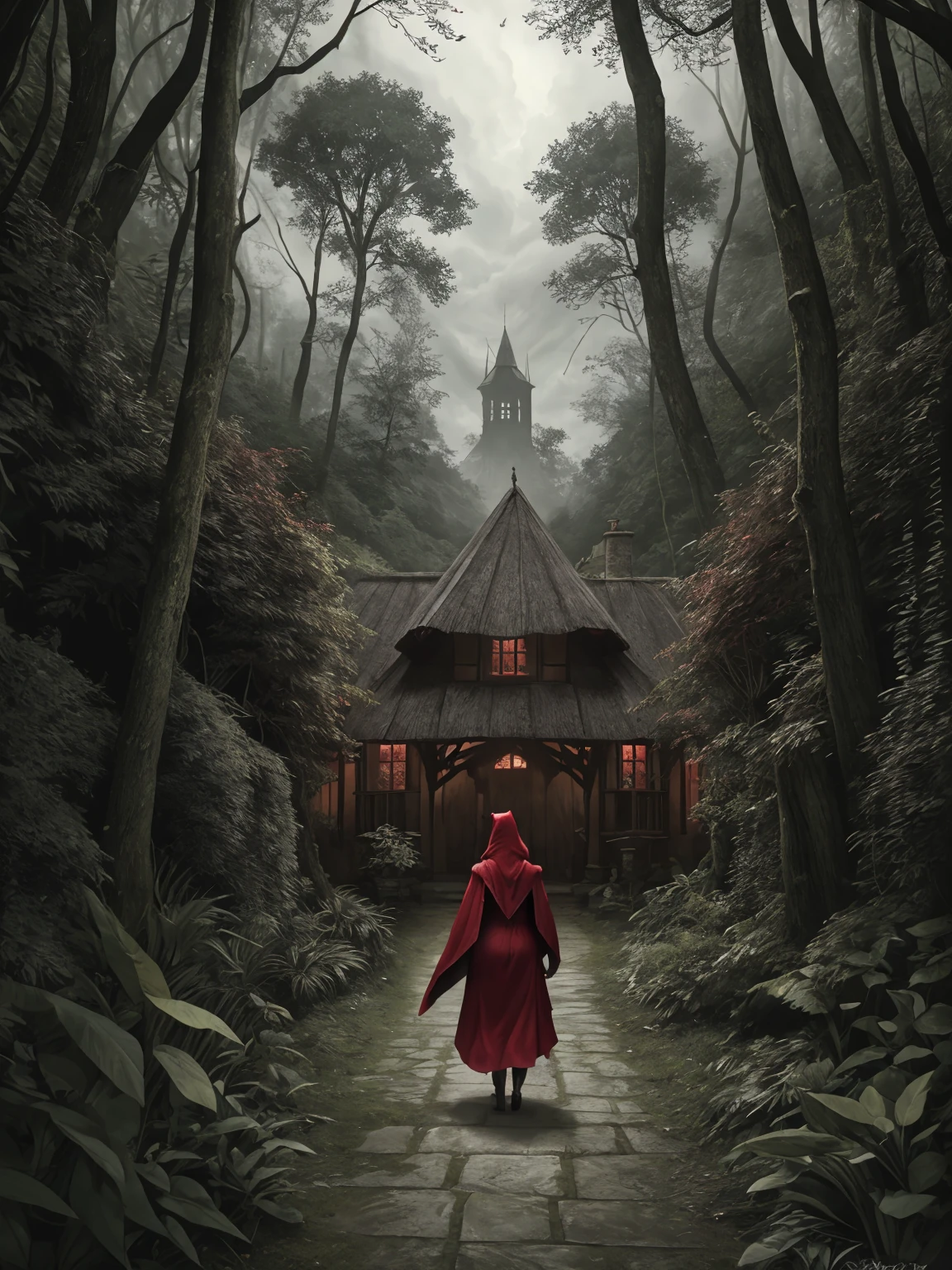 Highly detailed, professional 4k depiction of the Red Riding Hood fairy tale. A lush, dense forest with intricate textures, shadowy and mysterious. In the center, a adult woman in a vibrant red cloak, detailed and vivid, walking along a winding, leaf-strewn path. Ominous, watchful eyes hidden in the foliage, hinting at the presence of the sly wolf. Overhead, a dramatic, brooding sky suggesting imminent danger, with the hint of a quaint cottage in the distance.