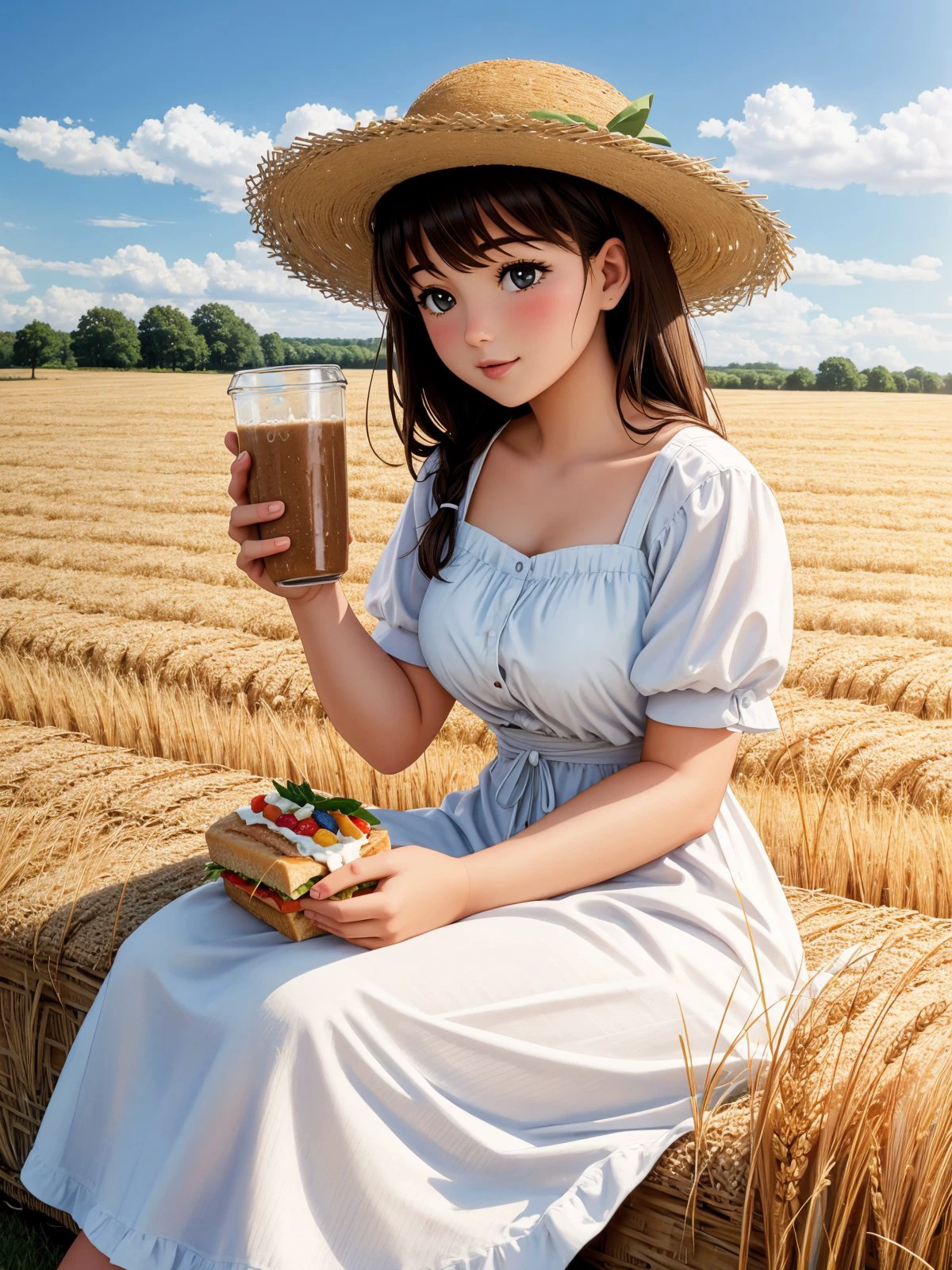 young farmer woman in linen dress, sits in the middle of a wheat field, leaning against a haystack, eating a sandwich and drinking milk