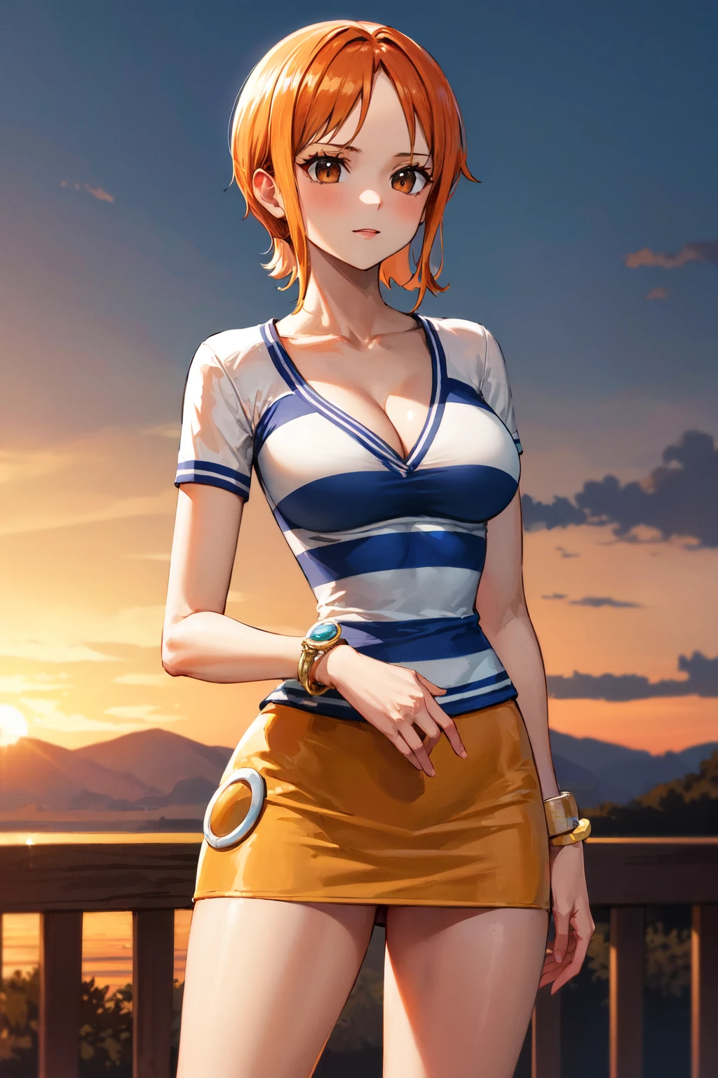 masterpiece, best quality, highres, nami (one piece), short hair, orange hair, brown eyes, cleavage, striped shirt, white shirt, short sleeves, bracelet, miniskirt, yellow skirt, <lora:nami_(one_piece)_v1:0.8>, sunset, standing