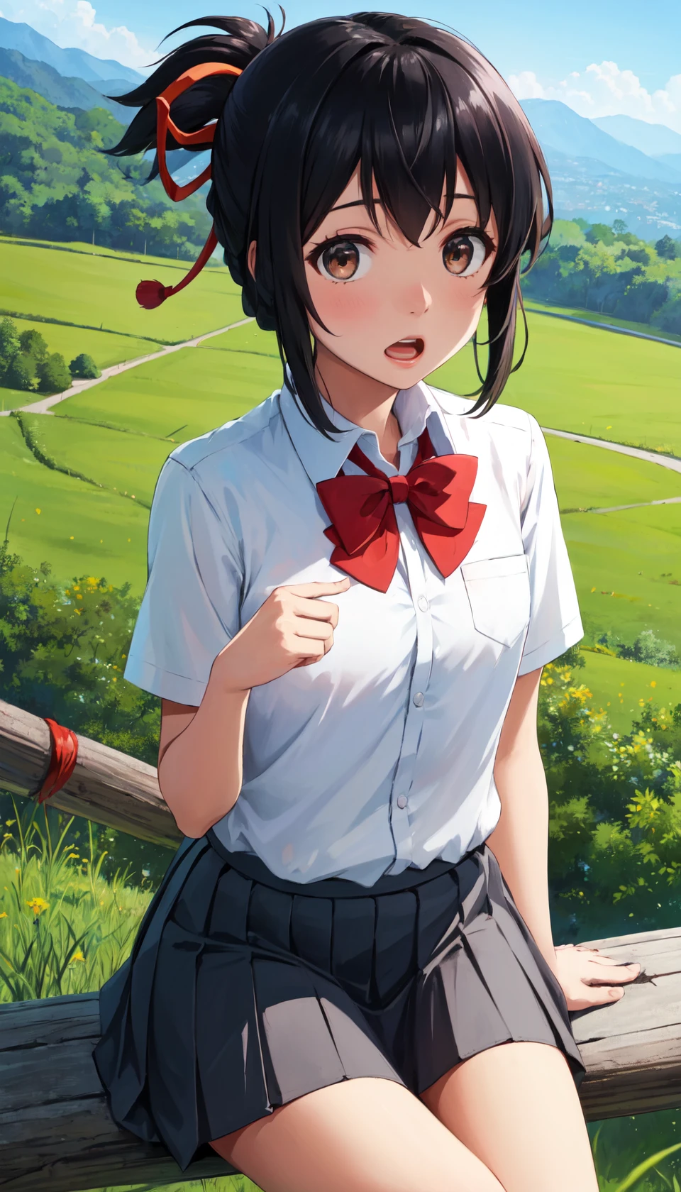 masterpiece, best quality, outdoors, grass, field, forest, <lora:LoRA_Miyamizu:1>
miyamizu mitsuha, 1girl, solo, looking at viewer, sitting, black hair, brown eyes, short hair, open mouth, surprised, shock,
skirt, shirt, bow, ribbon, school uniform, hair ribbon, white shirt, ponytail, short sleeves, sidelocks, pleated skirt, collared shirt, bowtie, red bow, red ribbon, red bowtie,