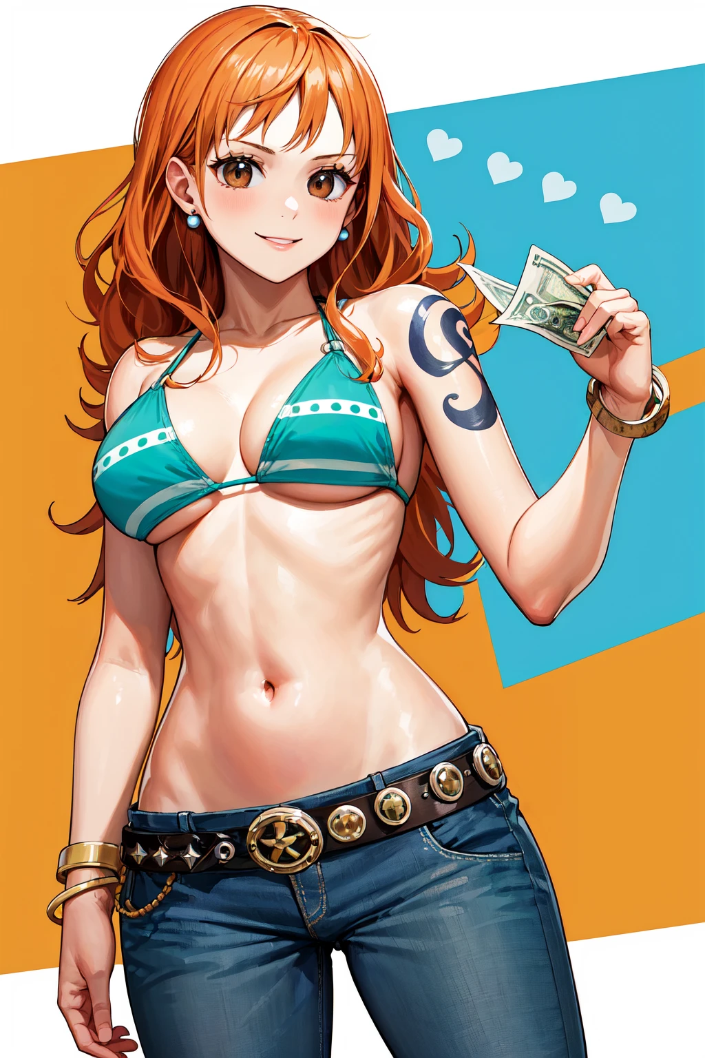 masterpiece, best quality, highres, nami (one piece), long hair, orange hair, brown eyes, earrings, bare shoulders, shoulder tattoo, cleavage, bikini top only, striped bikini, green bikini, bracelet, midriff, belt, jeans, denim, <lora:nami_(one_piece)_v1:0.8>, holding money, smile,