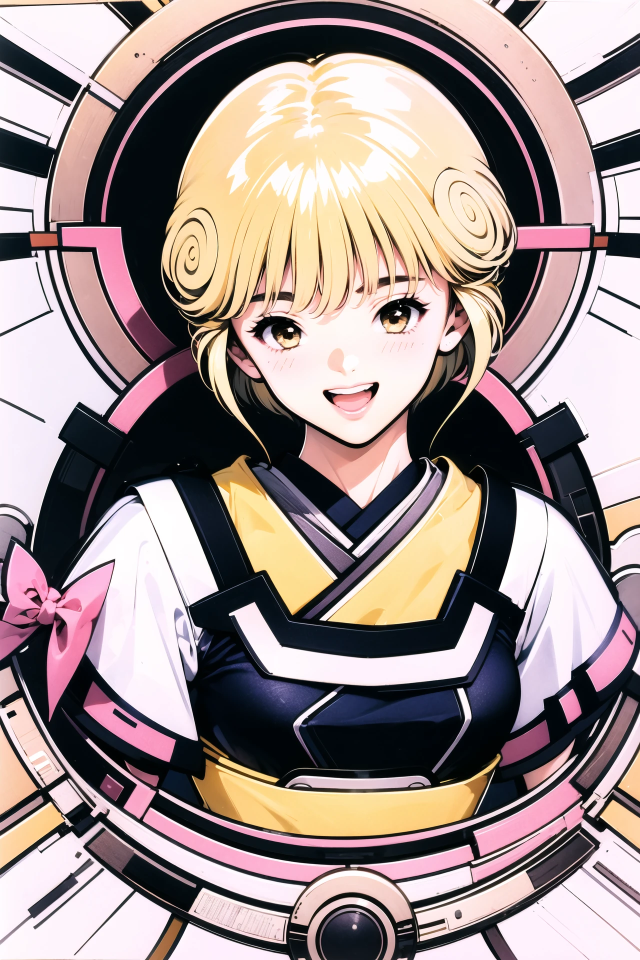 Ai Amano, 1girl, blonde hair, solo, short hair, smile, open mouth, looking at viewer, brown eyes,, bangs, upper body, yellow short kimono white pantyhose white capelet pink obi pink bow, <lora:Katsura Masakazu_v3:0.9>