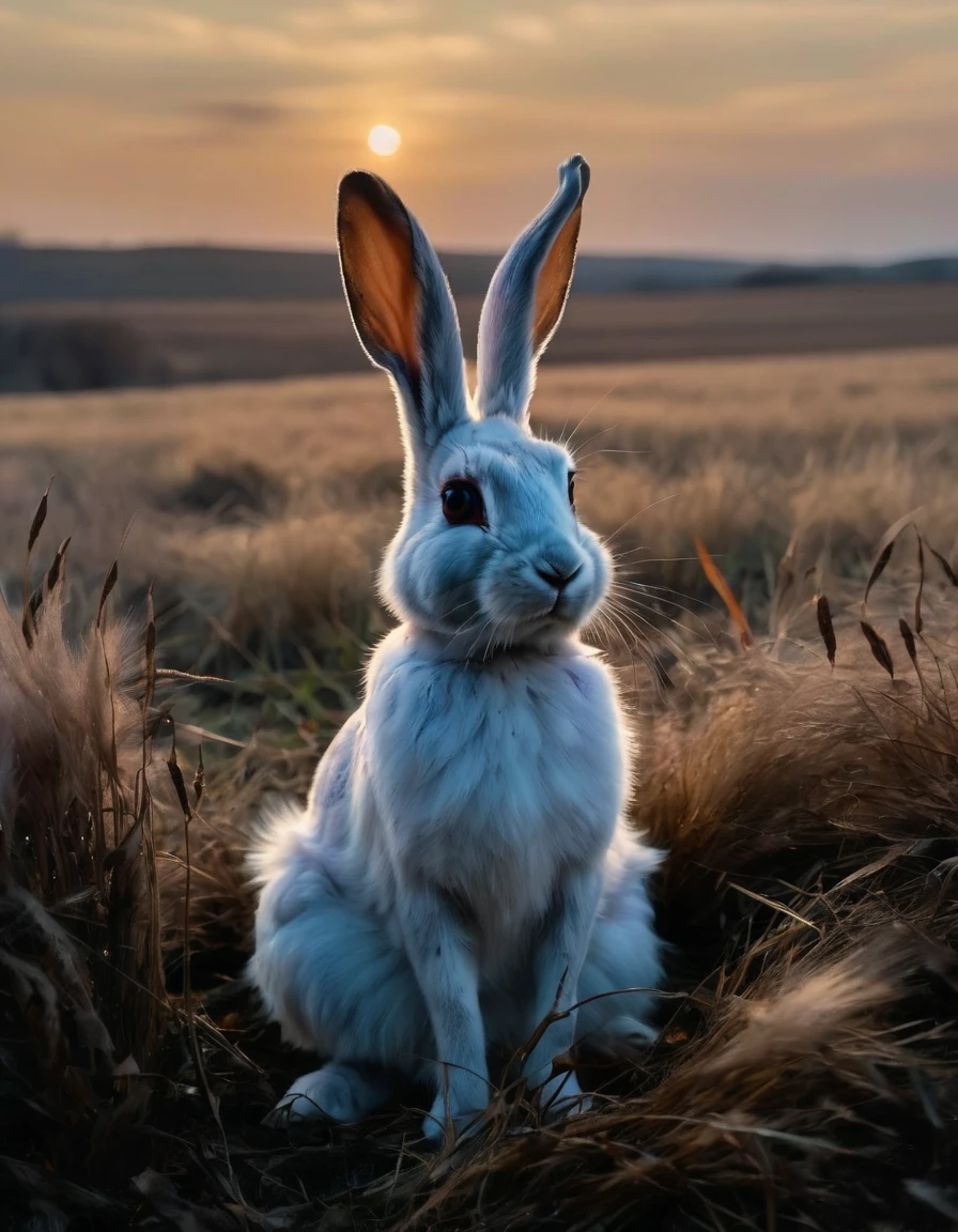 A rabbit with white fur and black-tipped ears is sitting in a field of tall, brown grass. The sky is a deep shade of purple, and the sun is a bright orange. The rabbit's eyes are a piercing blue, and its ears are long and pointed. The grass around the rabbit is wilted and dry, and there are dark, twisted trees in the distance. The rabbit's fur is matted and dirty, and its eyes seem to hold a deep sadness. The scene is surreal and unsettling, with a sense of foreboding and unease., Surrealism, dreamlike imagery, unexpected juxtapositions, symbolic elements. Features distorted or unusual forms, animals or objects transformed into otherworldly shapes. Influenced by the works of Salvador Dali.