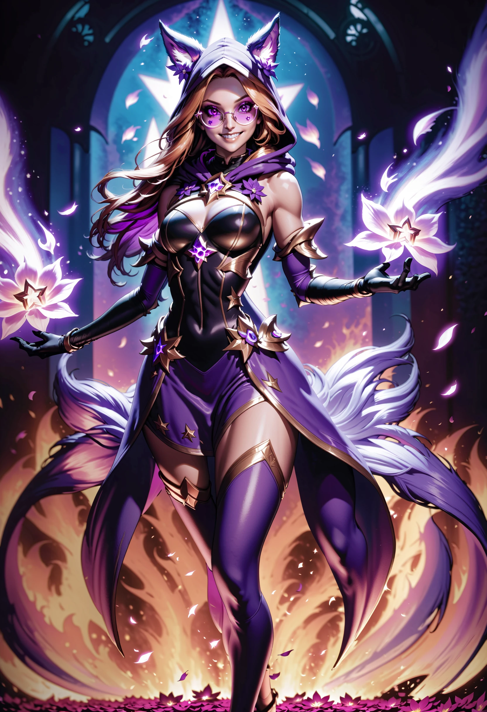 1girl, black gloves, blurry, fire, flower, glasses, holding, hood, lol style, long hair, medium breasts, pants, petals, piercing, pouch, purple dress, shoulder armor, smile, solo, standing, star guardian, (league of legends), <lora:LeagueofLegSDXL:0.8>