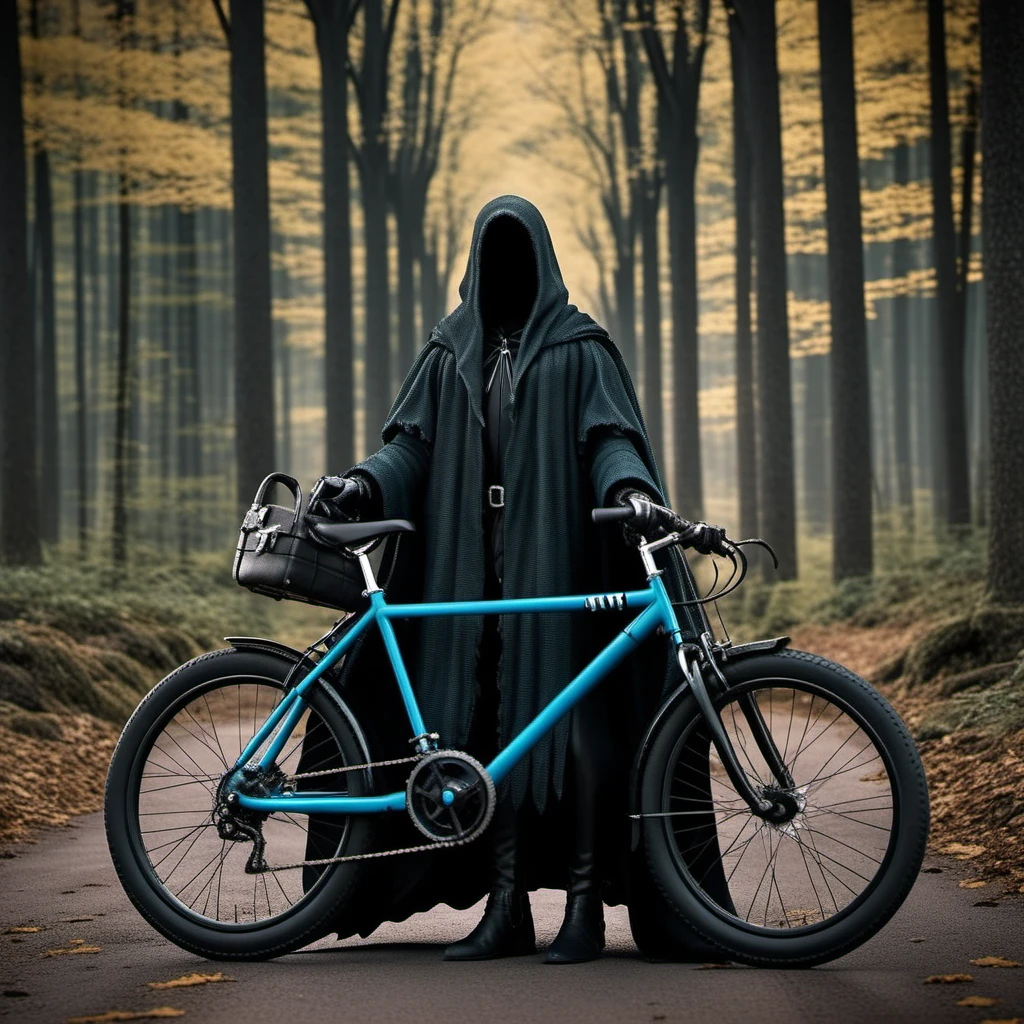 TheNazgul1024, wears a cape, ride a vintage bicycle, creepy hauted forest, detailed eyes, highly detailed, photography, ultra sharp, film, bokeh, professional, 4k  <lora:add-detail-xl:1.5> <lora:TheNazgul1024:0.8>