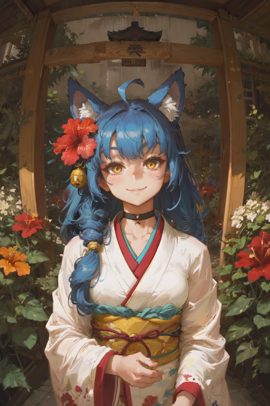 sle, shadows, outline, shrine, ((garden, hibiscus)), overgrown upper body, blush, head tilt, wide angle, fisheye, 1girl, blue hair, absurdly long hair, ahoge, yellow eyes, long fox ears, sidelocks, fox tails, light smile, looking at viewer, floating hair, white flower hair ornament, kimono, bell choker,
