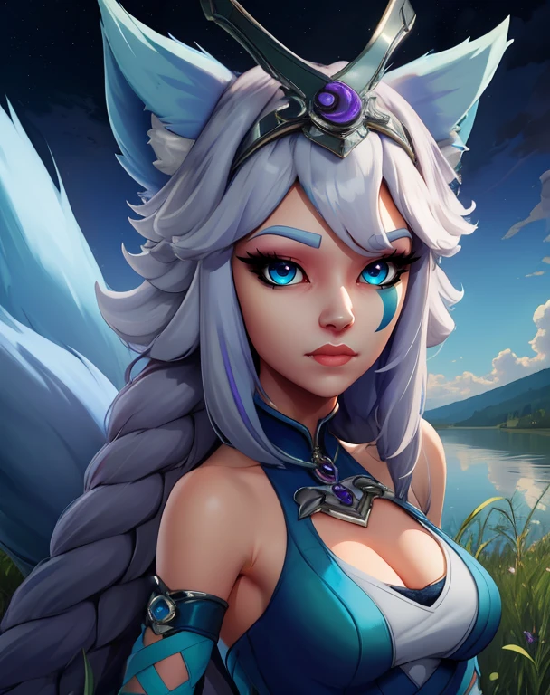 Io,blue eyes,wolf ears,wolf tail,light blue hair,twin braids,smile,
moonlight,grass,lake,
standing,upper body,topless,(detailed areolas, detailed nipples, detailed breasts),
blue dress,detached sleeves,bare shoulders,clothing cutout,leaning forward,
(insanely detailed, beautiful detailed face,beautiful detailed eyes, masterpiece, best quality),<lora:Io-10v9:0.8>,
