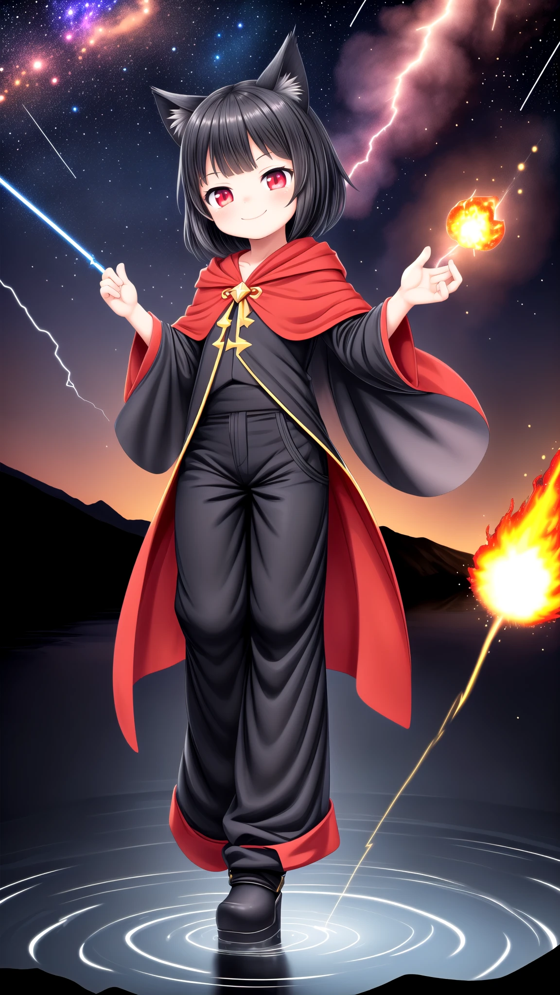 masterpiece,best quality,official art,extremely detailed CG unity 8k wallpaper,wide angle,full body,1girl,short black hair,black cat ears,red eyes,evil smile,black mage robes,baggy pants,casting a magic spell,fireball, flying,volcano erupting,river flowing,stars,galaxy,lightning storm,meteor shower,hdr