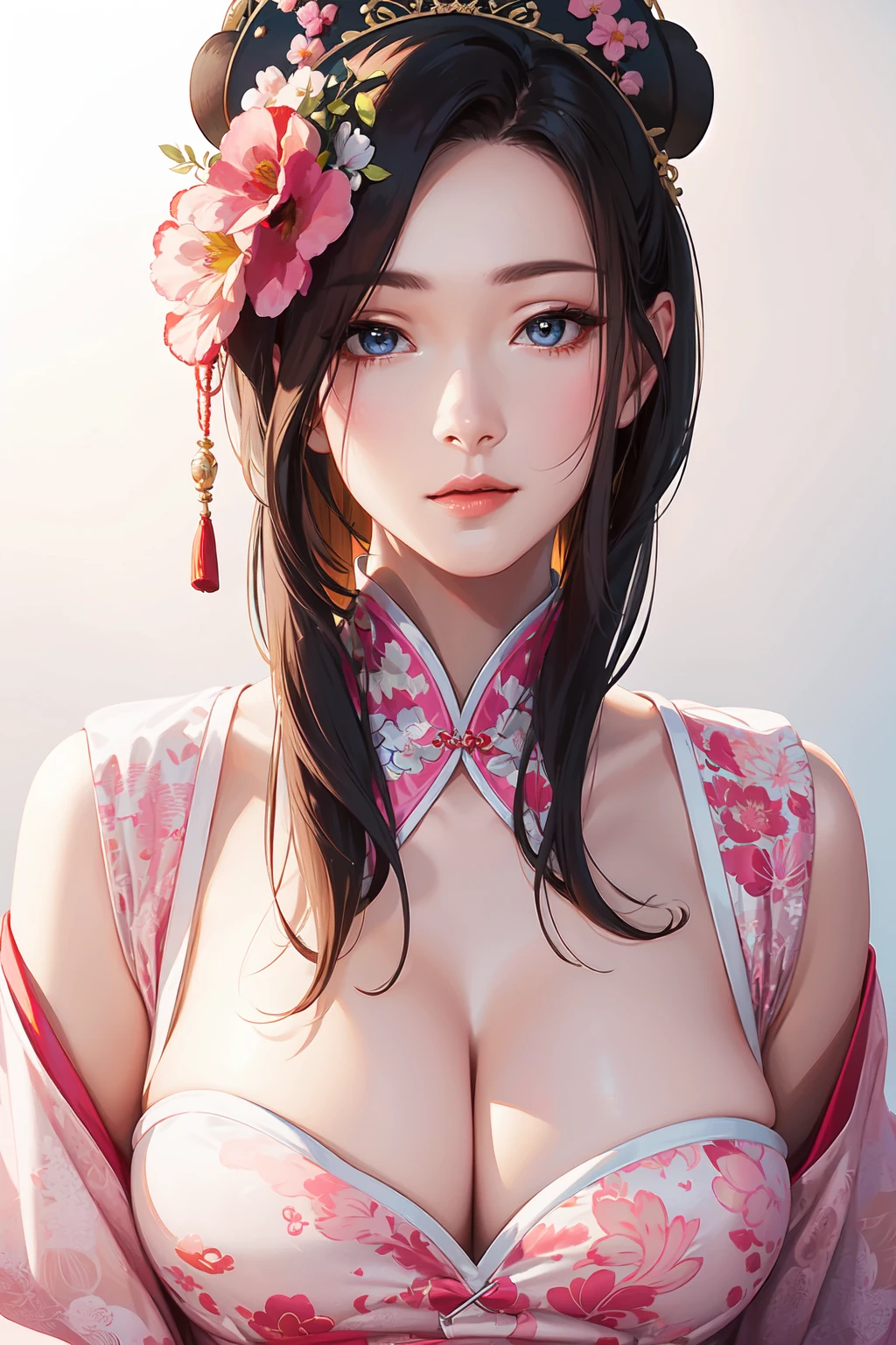 (4k, best quality, highres:1.2), (masterpiece:1.37), 1girl, solo, close-up, beautiful face, detailed eyes, (looking at viewer), detailed hair, long hair, large breasts, 
dress, chinese clothes, print, pink, hair flower,