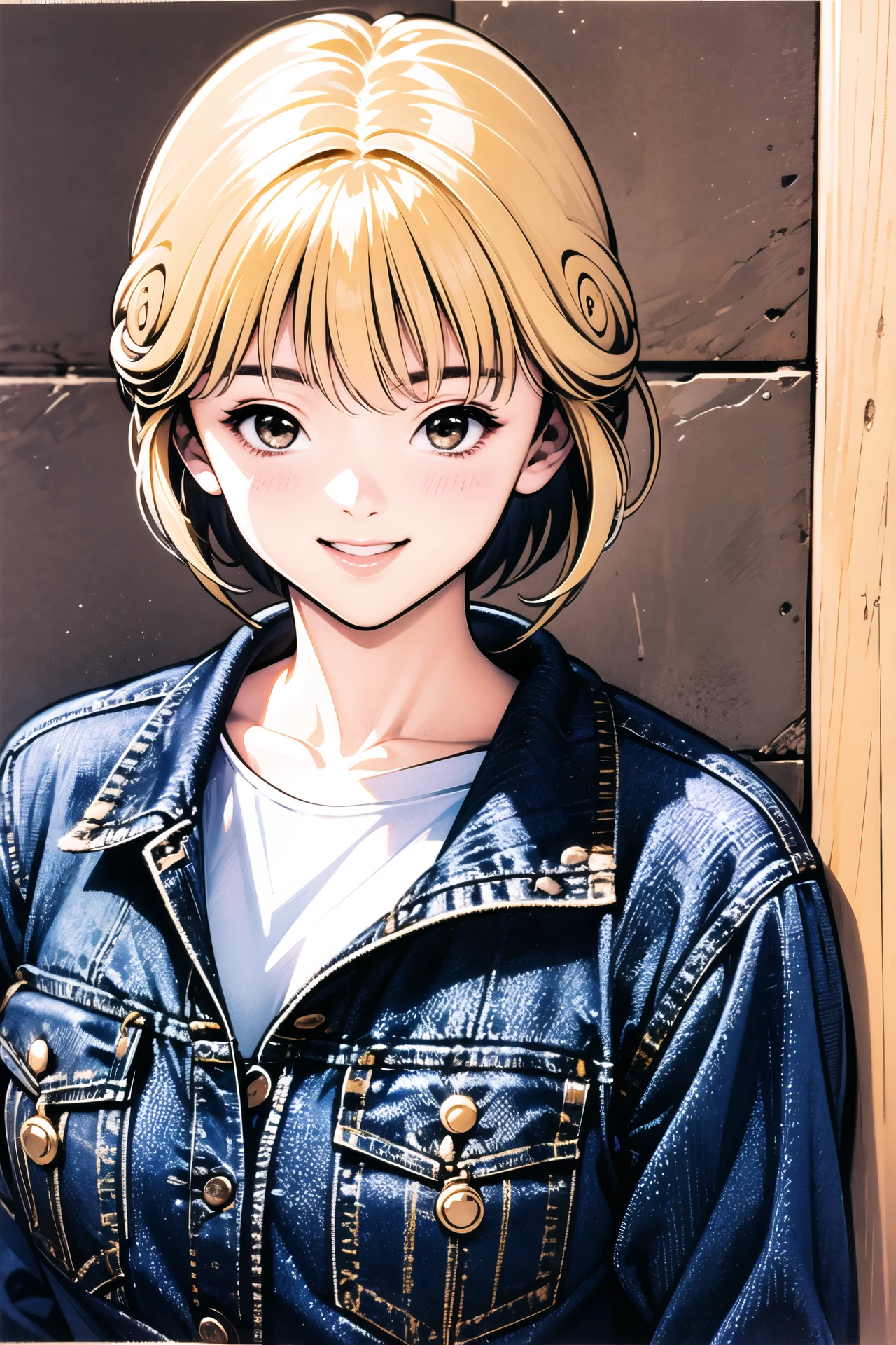 Ai Amano, 1girl, solo, blonde hair, smile, brown eyes,short hair, jacket, looking at viewer, shirt, upper body, parted lips, denim, bangs, <lora:Katsura Masakazu_v3:0.9>