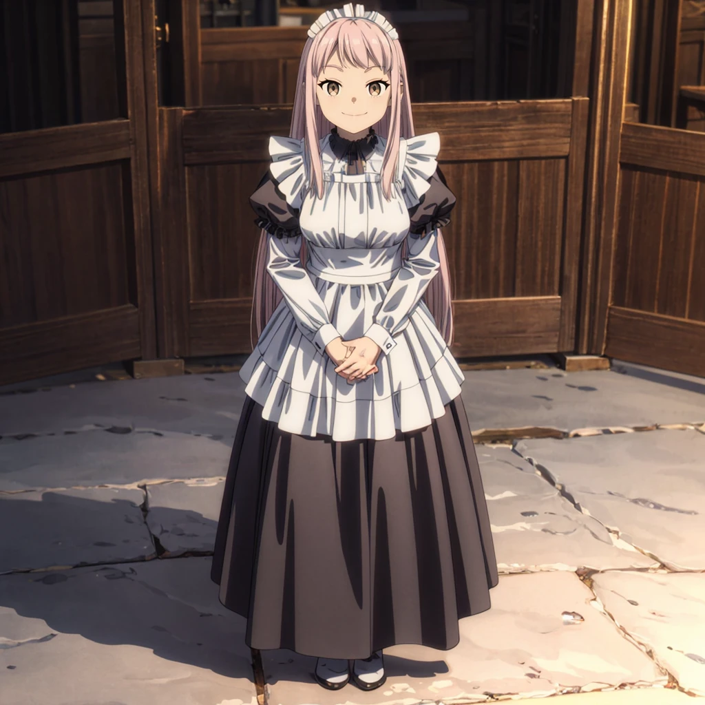 <lora:ChiefofSwordVillage001:0.7>,<lora:add_detail:1>,<lora:noline:0.3>,looking at viewer,smile,
ChiefofSwordVillage,1girl,pink hair,long hair,
(maid:1.2),luxurious rooms,
full body,standing,