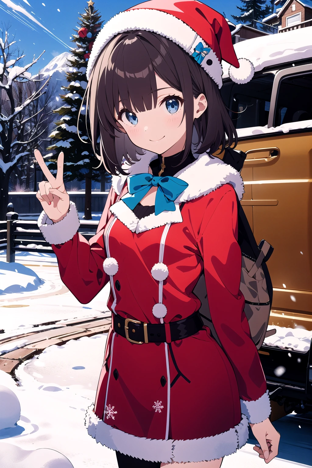 extremely detailed, detailed background, 1girl, solo, medium hair, grey hair, blue eye, small breasts, snow, christmas, santa costume, smile, peace Sign,