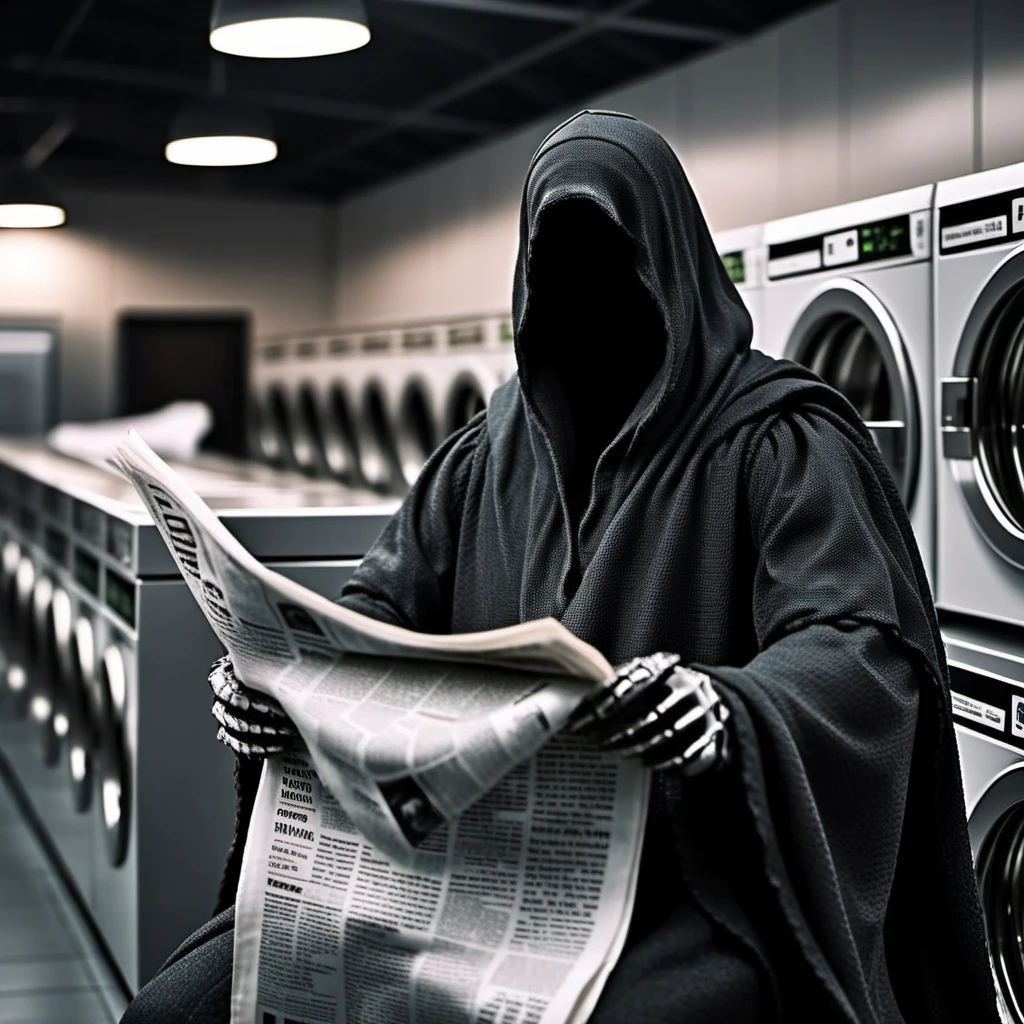 TheNazgul1024, a man with no face wears a cape, read newspaper, sitting in a self-service laundry, detailed eyes, highly detailed, photography, ultra sharp, film, bokeh, professional, 4k  <lora:add-detail-xl:1.5> <lora:TheNazgul1024:0.8>