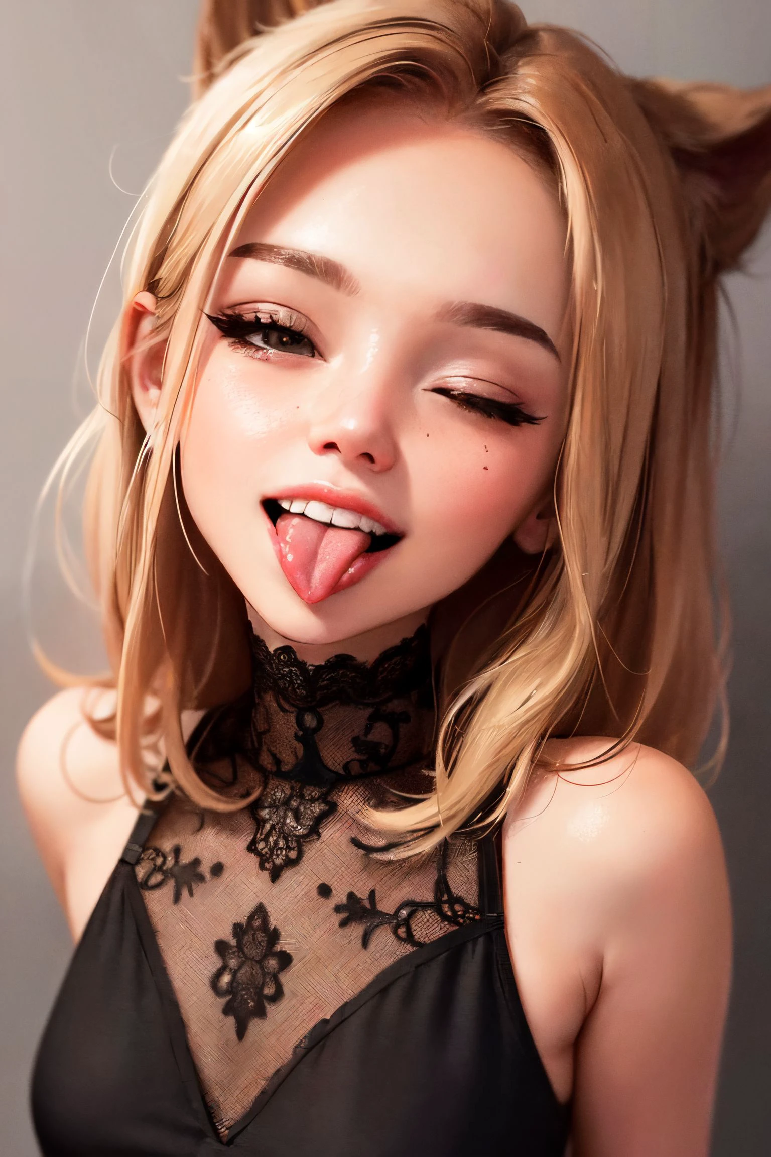 <lora:ddw_v1:0.75>, wink, one eye closed, playful smile, tongue out,, masterpiece, best quality, absurdres, highres, 4k, ray tracing, intricate details, highly detailed, (1girl:perfect face, cute, small breasts, long ginger hair, petite) skin tone, artistic photorealistic drawing of 5, medium shot, dark background