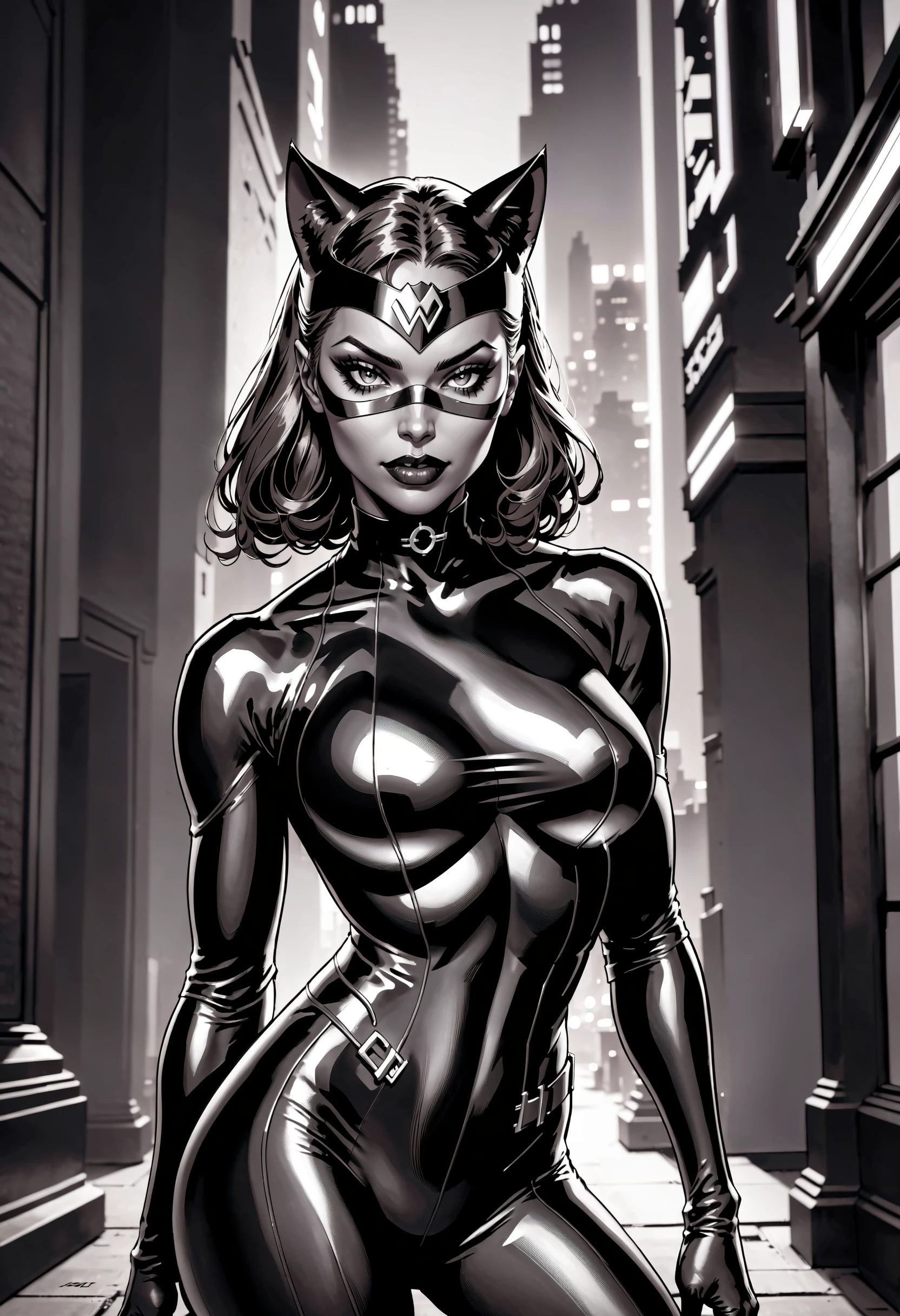Solo focus, black and white, high contrast, night, masterpiece, intricate details, award winning pertrait of a beautiful ebony catwoman, sensual pose, perfect face, intricate details, eye mask,