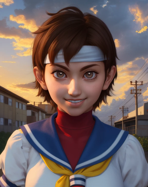 sakura,short hair,brown hair,brown eyes,white headband,white serafuku,shirt,red gloves,yellow neckerchief,blue skirt,
standing,upper body,cloudy,dusk,schoolyard,
looking at viewer,smile,
(insanely detailed, beautiful detailed face,beautiful detailed eyes, masterpiece, best quality),<lora:sakuraSF4-10V2:0.8>,