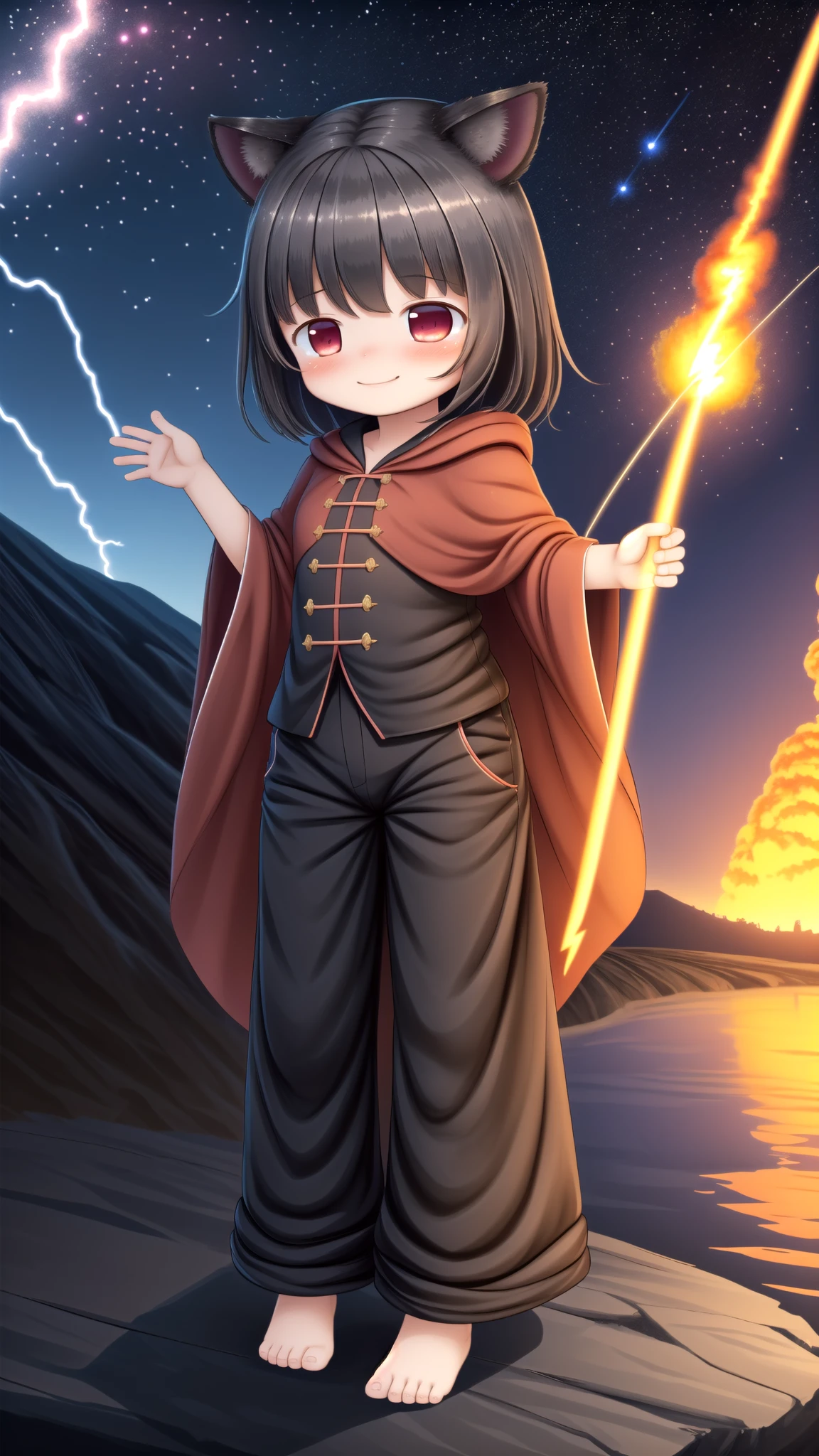 <lora:psyche v2:1> masterpiece,best quality,official art,extremely detailed CG unity 8k wallpaper,wide angle,full body,1girl,short black hair,black cat ears,red eyes,evil smile,black mage robes,baggy pants,casting a magic spell,fireball, flying,volcano erupting,river flowing,stars,galaxy,lightning storm,meteor shower,hdr