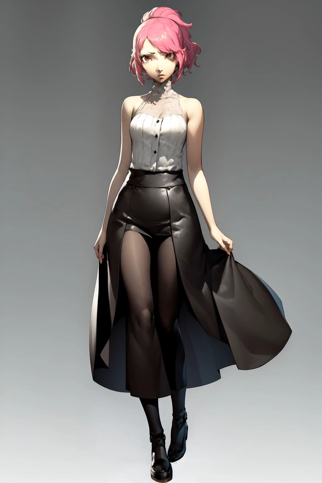 full body, solo, 1girl, frustrated, pink hair <lora:Soejima_shigenori_style_v02:1>