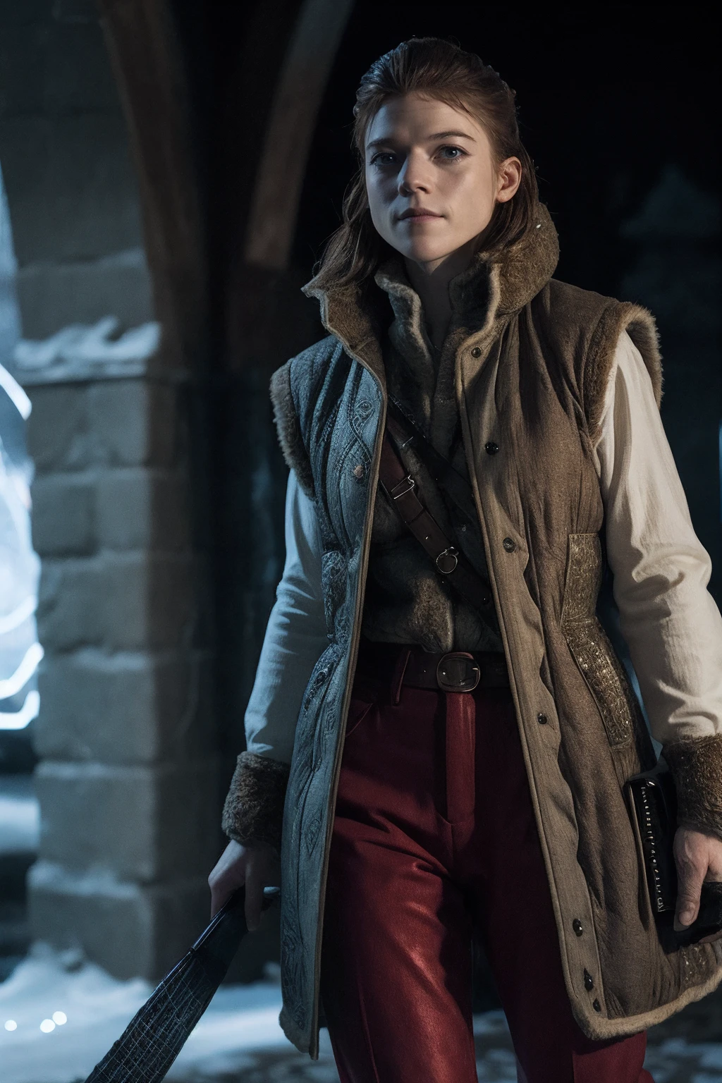r0seleslie,a woman wearing medieval fur quilted vest and skinny trousers, river valley, snow, (flash photography:0.5) <lora:r0seleslie:0.9>