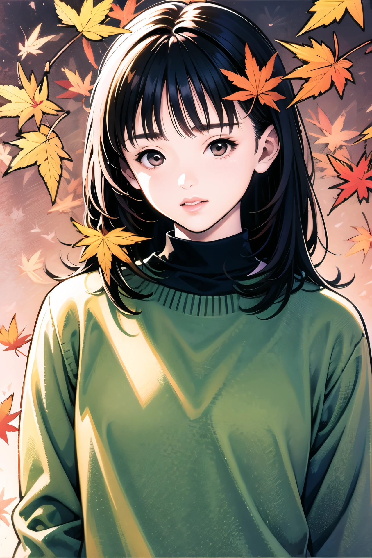 Yoshizuki iori, 1girl, solo, brown eyes, sweater, brown hair, looking at viewer, parted lips, leaf, autumn leaves, green sweater, long sleeves, upper body, bangs, autumn, sleeves past wrists, long hair, lips, medium hair, maple leaf, <lora:Katsura Masakazu_v3:0.8>