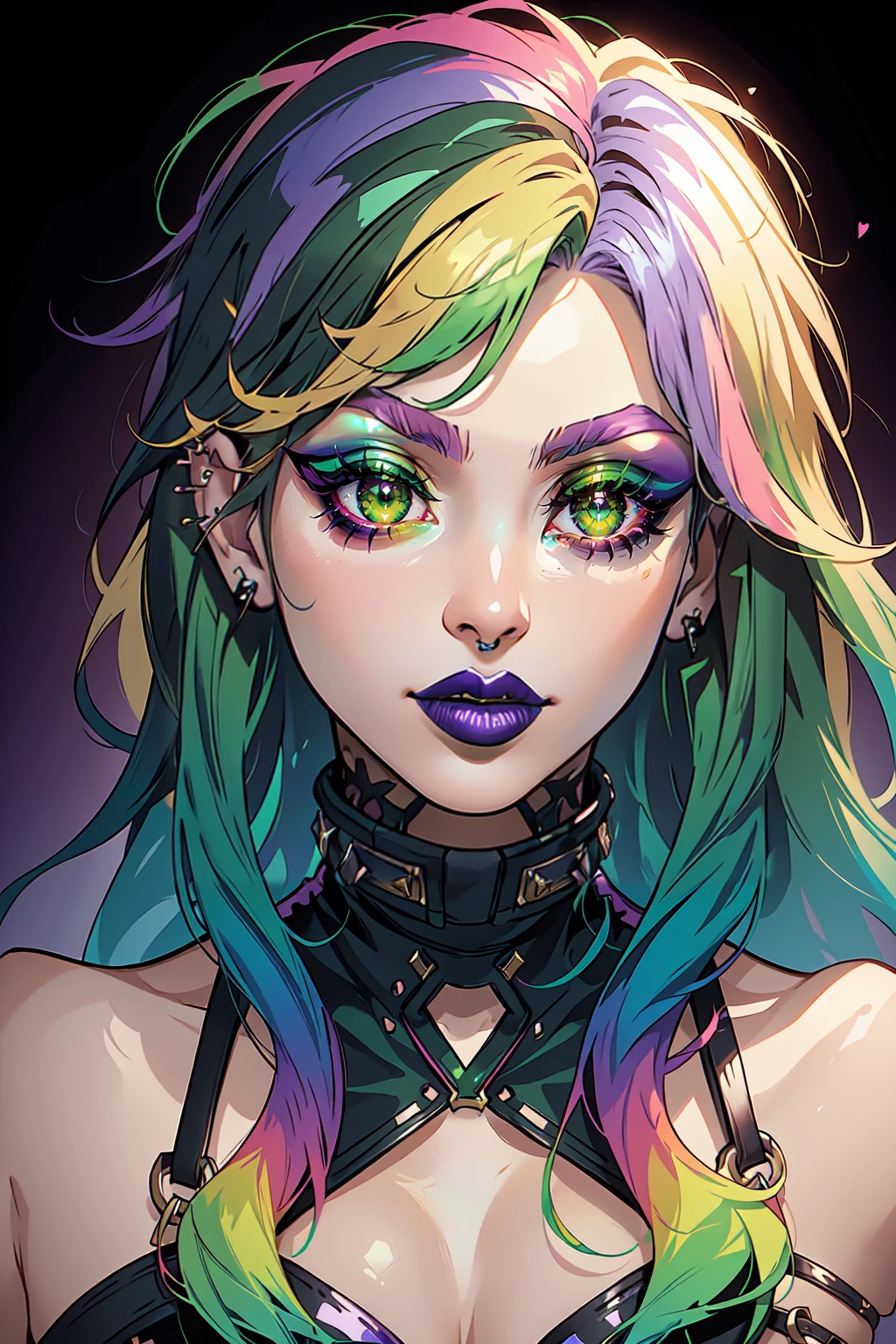 Holo-Punk Style, 1girl, blonde hair, eyeshadow, gradient, gradient background, gradient hair, green eyes, green hair, lips, lipstick, long hair, makeup, multicolored hair, piercing, pink hair, portrait, purple lips, rainbow hair, realistic, solo <lora:HoloPunk:0.8>