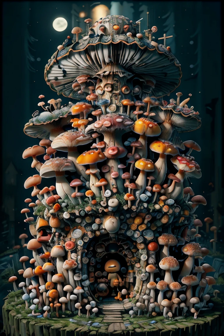 cute cartoon mushroom monsters and mushroom building a giant robot at night by goro fujita and simon stalenhag and wes anderson and alex andreev and chiho aoshima and beeple and banksy and kandinsky and magritte and basquiat and picasso, 8 k, trending on artstation, hyper detailed, cinematic, mushroomz <lora:ral-mushroomz-sd15:1>