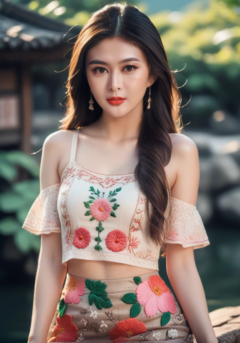 UHD, 4k, ultra detailed, cinematic, a photograph of high definition photo,ultra detailed skin,ultra detailed face,1girl from hongkong,outdoors,blush,<lora:gzl_XL_0_-000003:1.1>,gzl,20yo,applying makeup,(Embroidered_boho_top:1.4),(Floral_print_skirt:1.3),(Woven_sandals:1.2),watery_eyes,medium long hair,, epic, beautiful lighting, inpsiring