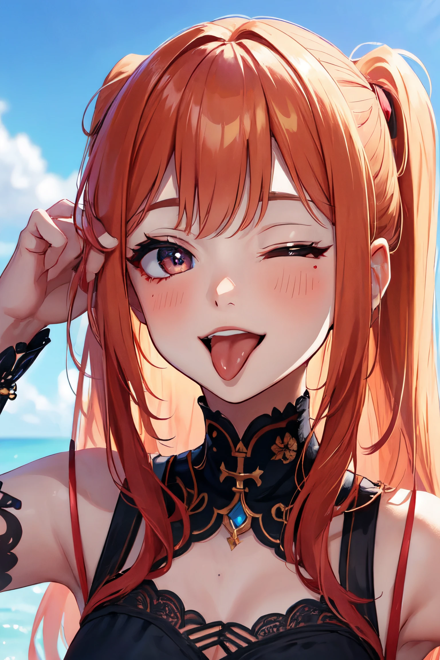 <lora:ddw_v1:0.75>, wink, one eye closed, playful smile, tongue out,, masterpiece, best quality, absurdres, highres, 4k, ray tracing, intricate details, highly detailed, (1girl:perfect face, cute, small breasts, long ginger hair, petite) face pixel art, unreal engine, 85