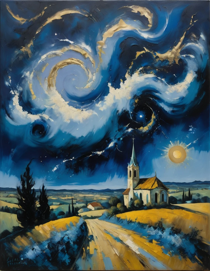 A masterpiece of an oil-on-canvas painting depicts a mesmerizing blue night sky with roiling energy. The sky is a canvas of swirling blues, with bursts of yellow stars and radiating swirls of blue. The distant village on the right sits quietly, while a cypress tree with curling and swaying branches on the left connects earth and sky. The church spire rises as a beacon over rolling blue hills, creating a sense of depth and perspective. The painting is characterized by film grain emphasis, silver palette, and orphism, which adds a unique texture and depth to the artwork., Surrealism, abstract expressionism, vivid colors, bold brushstrokes, in the style of Salvador Dali.