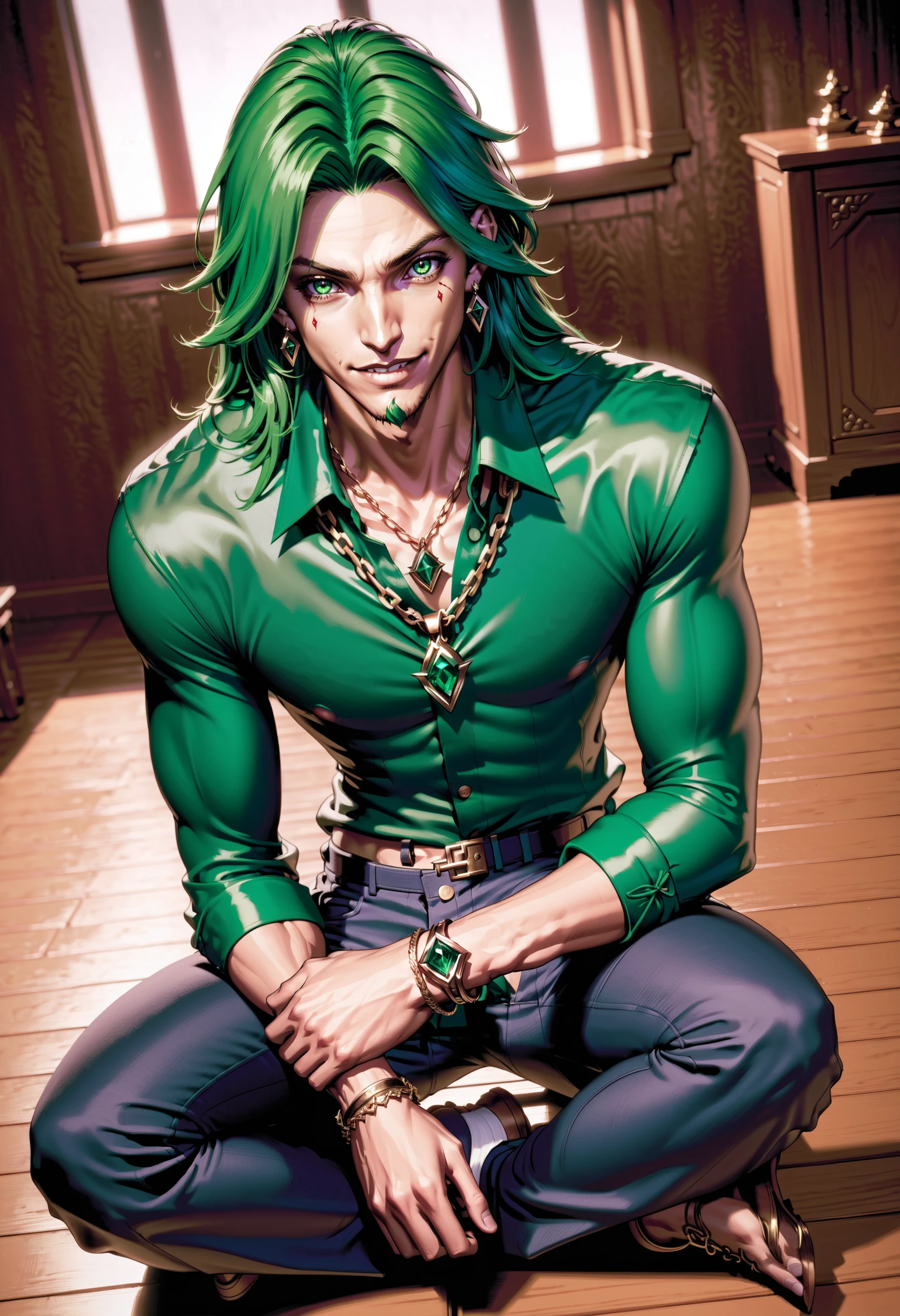 LoL Style, 1boy, blood, brown eyes, earrings, green hair, hair between eyes, jewelry, long hair, looking at viewer, male focus, necklace, pants, ring, shirt, sitting, smile, solo
<lora:LeagueofLegSDXL:0.8>