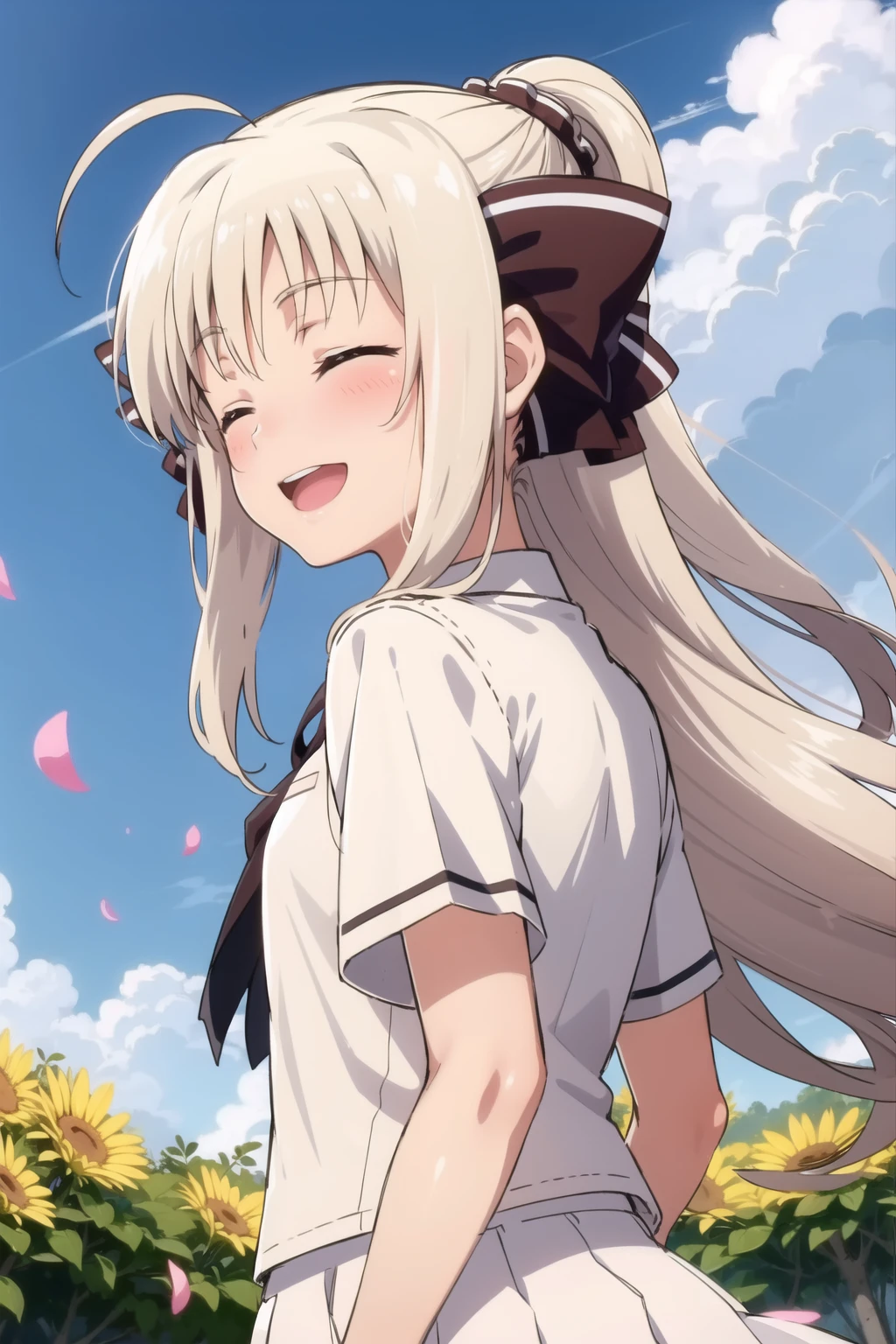 outdoor, glassrand
rinne_b, 1girl, from behind, looking at viewer, long hair, closed eyes, smile, open mouth, school uniform, (white hair:1.2), ribbon, blush, hair ribbon, petals, ahoge, ponytail, white skirt, upper body <lora:rinne_b:1>